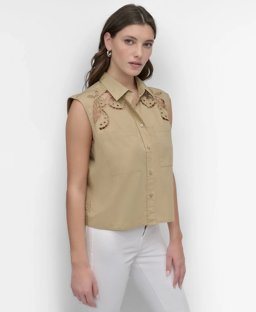 Dkny Women's Cotton Sleeveless Ladder-Trim Blouse