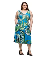 24seven Comfort Apparel Plus Midi Length Print Sleeveless Pleated Pocket Dress