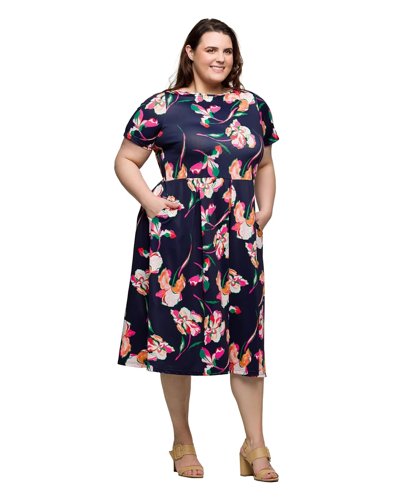 24seven Comfort Apparel Plus Short Sleeve Pleated Flare Midi Pocket Dress