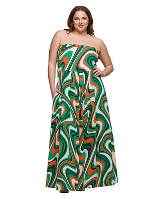 24seven Comfort Apparel Plus A-Line Strapless Maxi Dress with Pockets