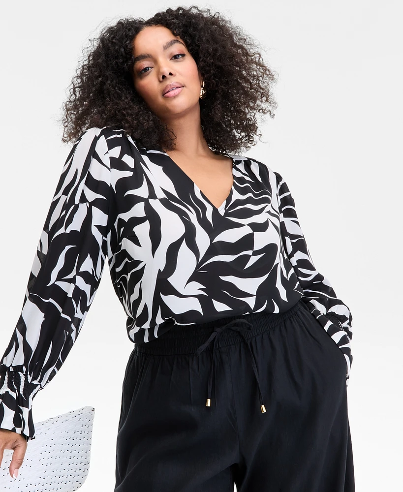 I.n.c. International Concepts Plus Leaf-Print Bell-Sleeve Top, Exclusively at Macy's