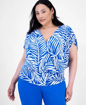 INC Plus Printed Ruched Surplice-Neck Top, Exclusively at Macy's