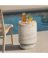 LuxenHome Travertine-Style Round Ribbed MgO Side Table