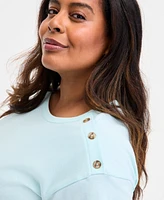 Style & Co Plus Crewneck Button-Trim-Shoulder Cotton Top, Exclusively at Macy's