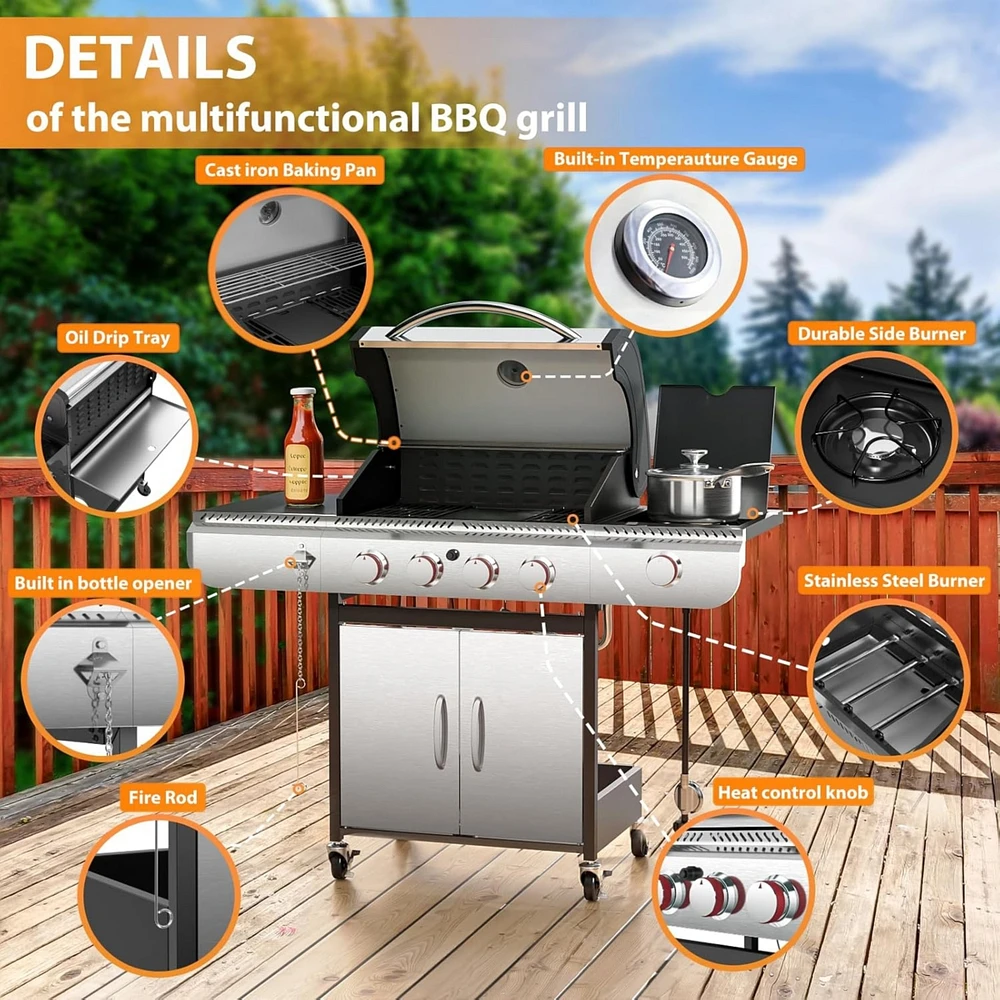 Cowsar Bbq Gas Propane Grill 4 Burner Cast Iron Flat Grill Griddle Combo with Side Burner Stainless Steel 42000 Btu for Outdoor Cooking Backyard Barbe