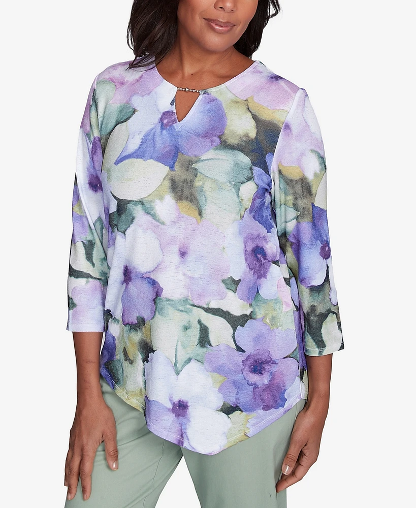 Alfred Dunner Women's Santa Fe Dramatic Pansies Print Keyhole Neck Top