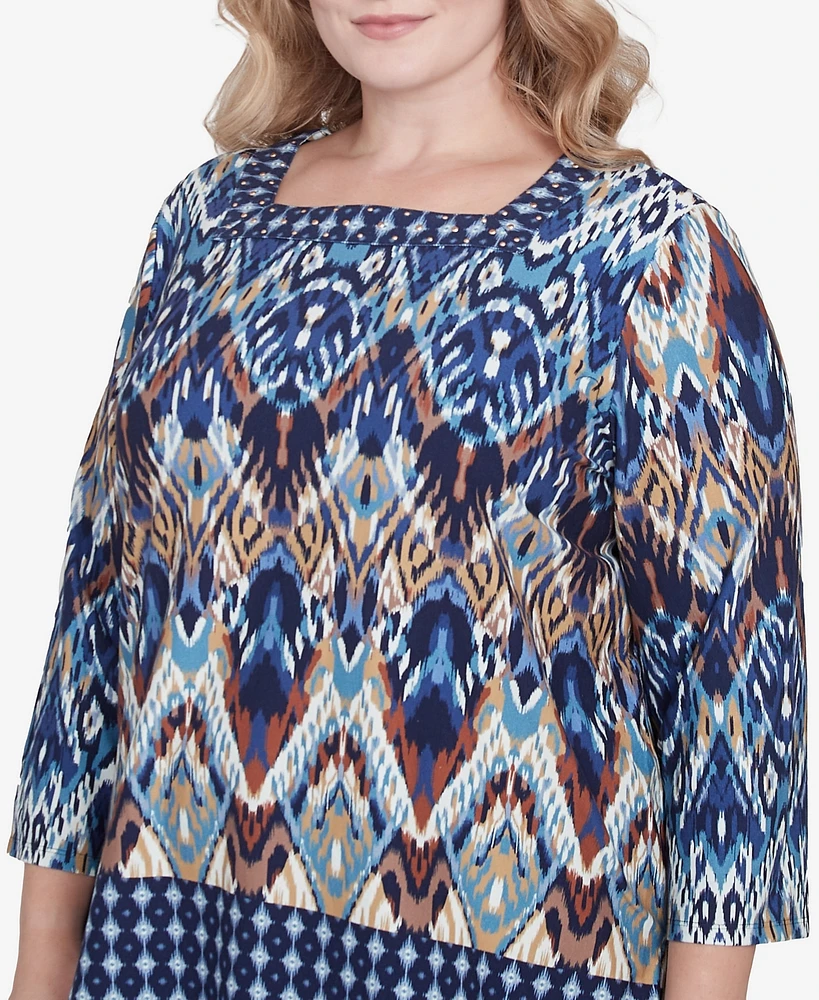 Alfred Dunner Plus Summer Solstice Ikat Diamond Border Square Neck Top