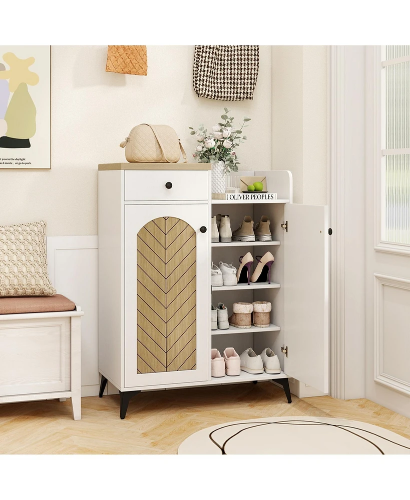 2-Door Shoe Rack Organizer with Drawer and 6 Removable Shelves-White