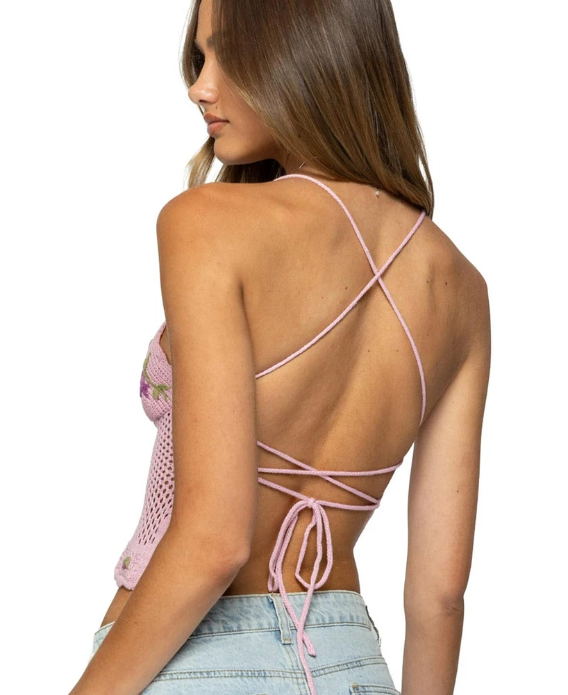 Edikted Women's Quince Backless Embroidered Crochet Top