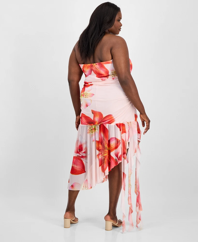 Madden Girl Trendy Plus Tropical Floral Strapless Asymmetric Dress