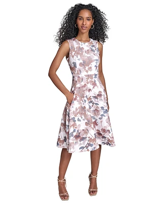 Calvin Klein Women's Floral-print Scuba Fit & Flare Midi Dress