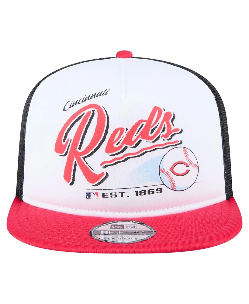 New Era Men's White/Red Cincinnati Reds Retro Script Trucker 9FIFTY Snapback Hat