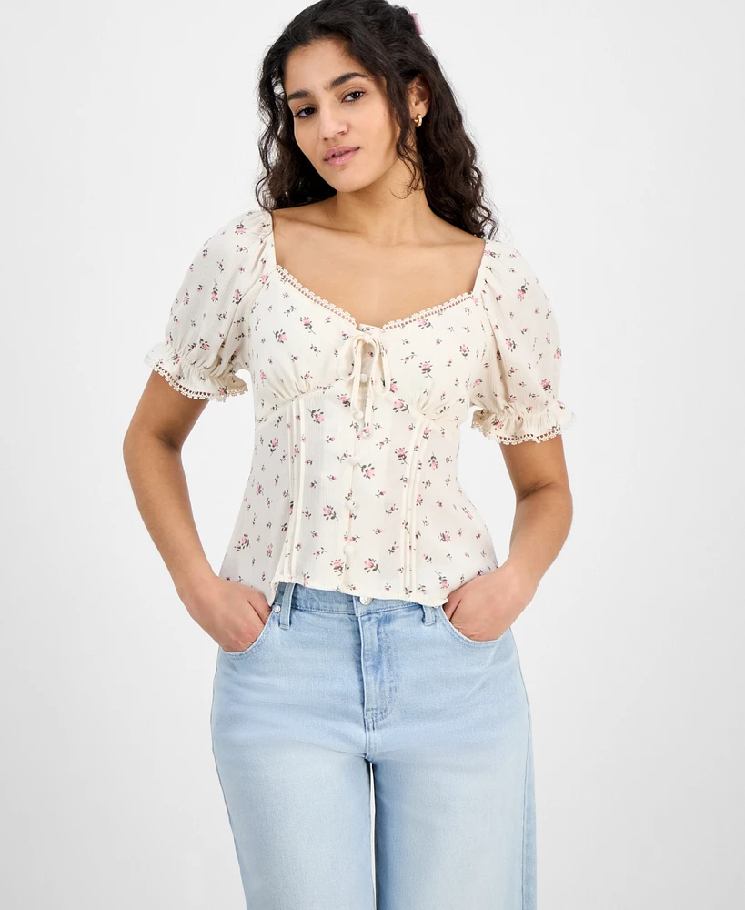 Planet Heart Juniors' Sweetheart-Neck Puff-Sleeve Top