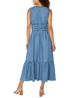 Liverpool Los Angeles Women's Chambray Frayed-Trim Maxi Dress