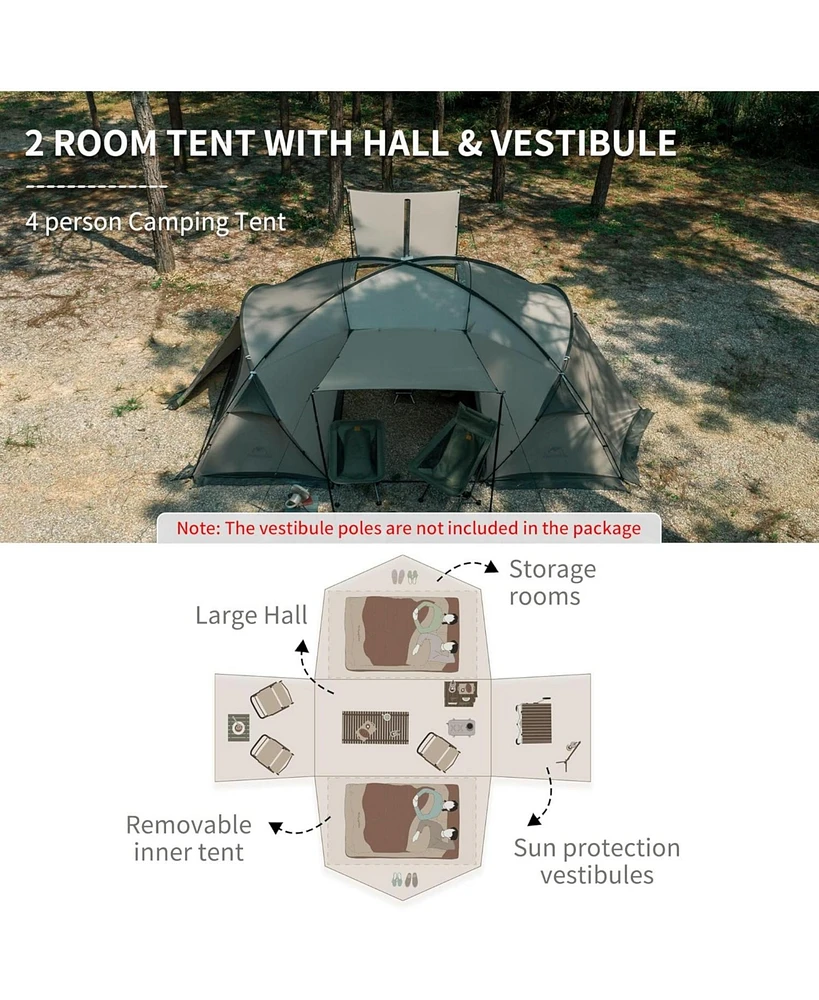 Naturehike Massif Hot Tent with Stove Jack, 4 Season Tent, 4 Person Camping Tent, UPF50+ Waterproof Windproof Winter Tent with Room and Hall