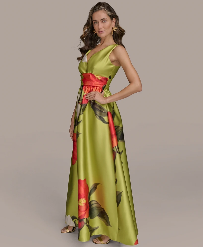 Donna Karan New York Women's Printed V-neck Floral Mikado Gown