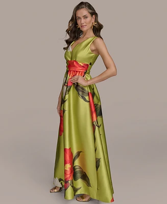 Donna Karan New York Women's Printed V-neck Floral Mikado Gown
