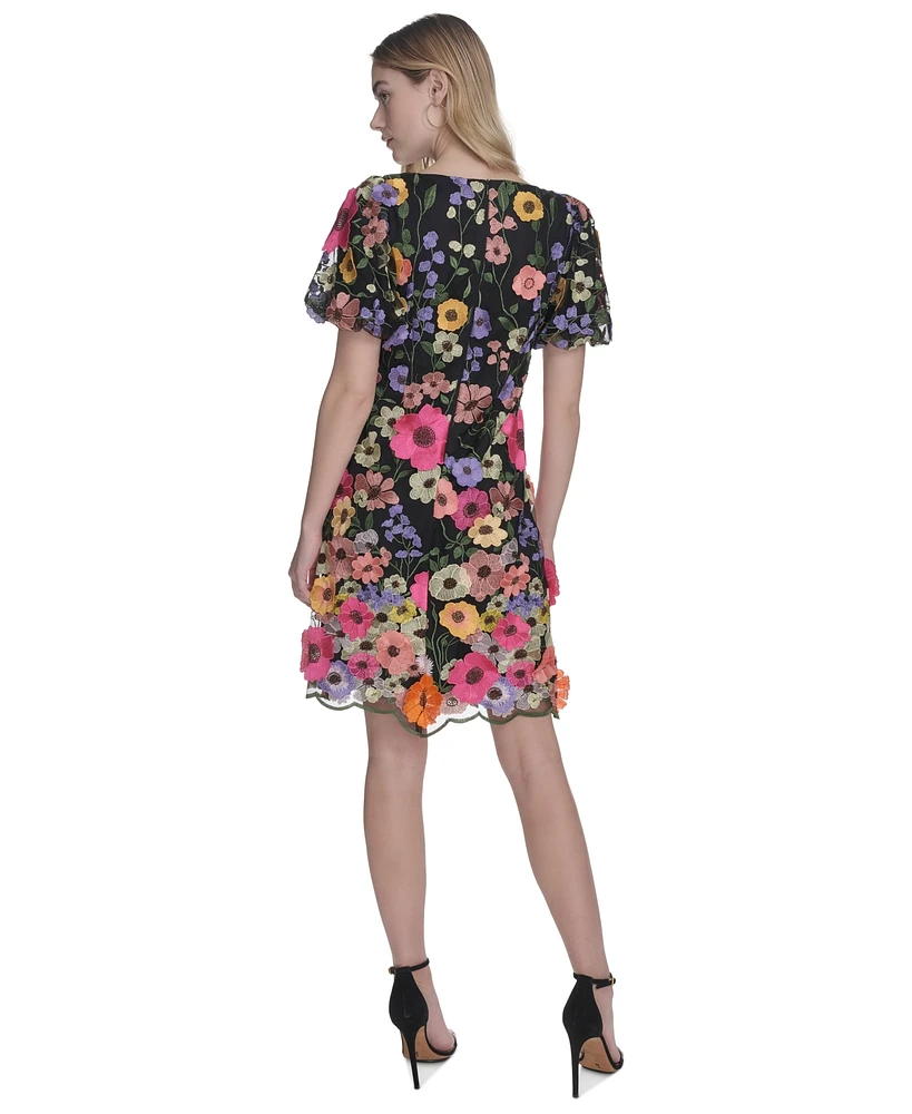 Eliza J Petite Embroidered 3d-floral Puff-sleeve Shift Mini Dress