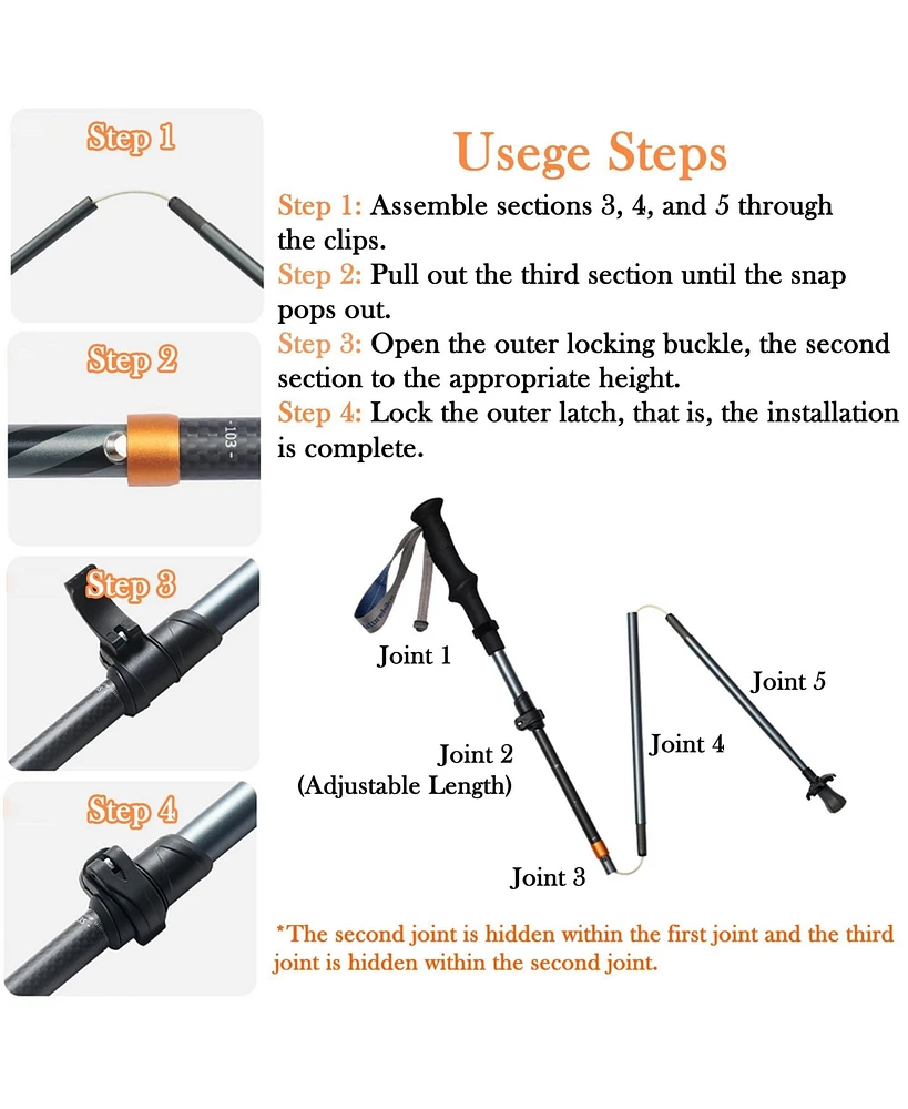 Naturehike 1pc Carbon Fiber Trekking Poles, Ultralight Foldable Hiking Poles, Adjustable 115-135cm, Eva Grip, Tungsten Tip, Hiking & Mountaineering Ge