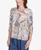 Alfred Dunner Petite Summer Solstice Twisted Crew Neck Paisley Top