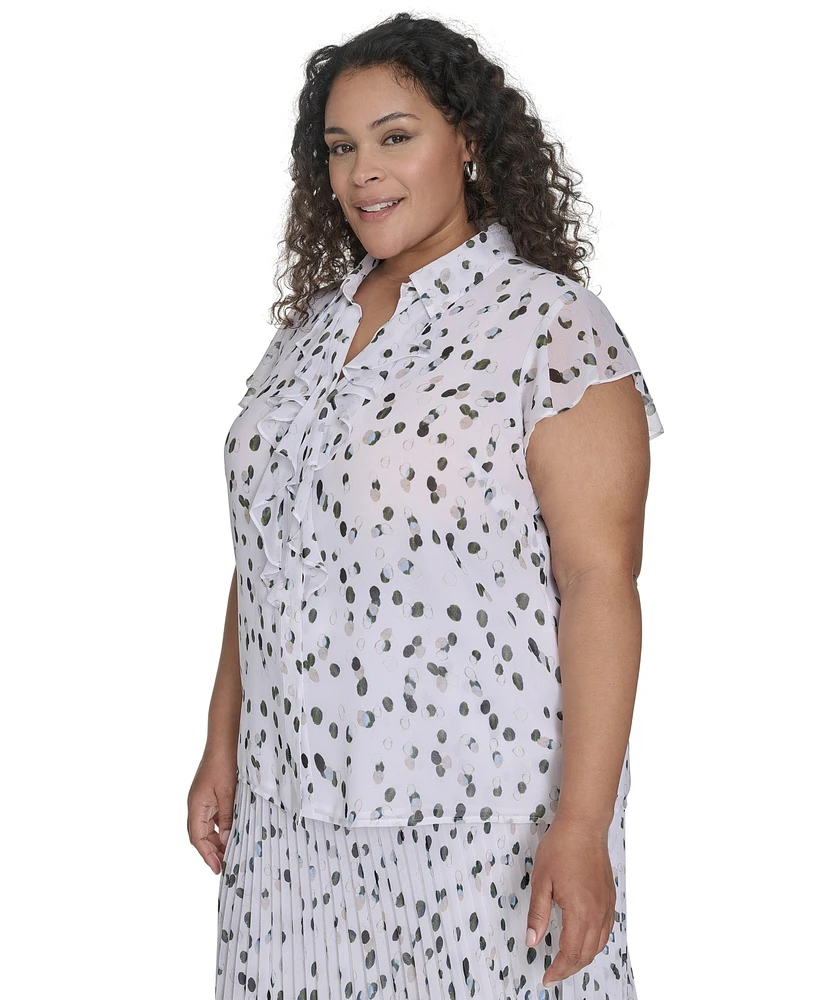 Calvin Klein Plus Dot-Print Ruffled Blouse