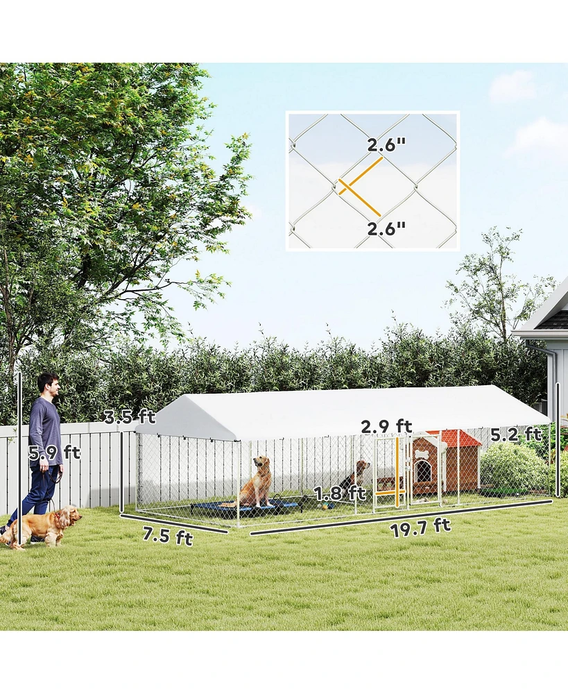 PawHut Two Room Outdoor Dog Kennel with Roof, Cover, 19.7' x 7.5' x 5.2'