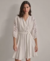 Dkny Women's V-neck Embroidered-trim Belted Dress