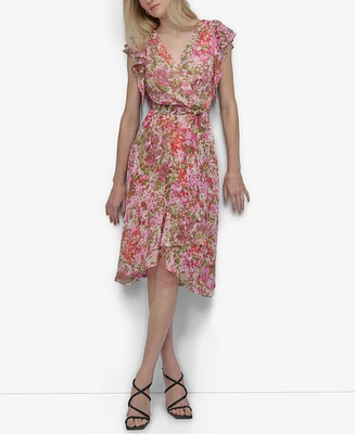 Dkny Women's V-neck Flutter-sleeve Faux-wrap Dress