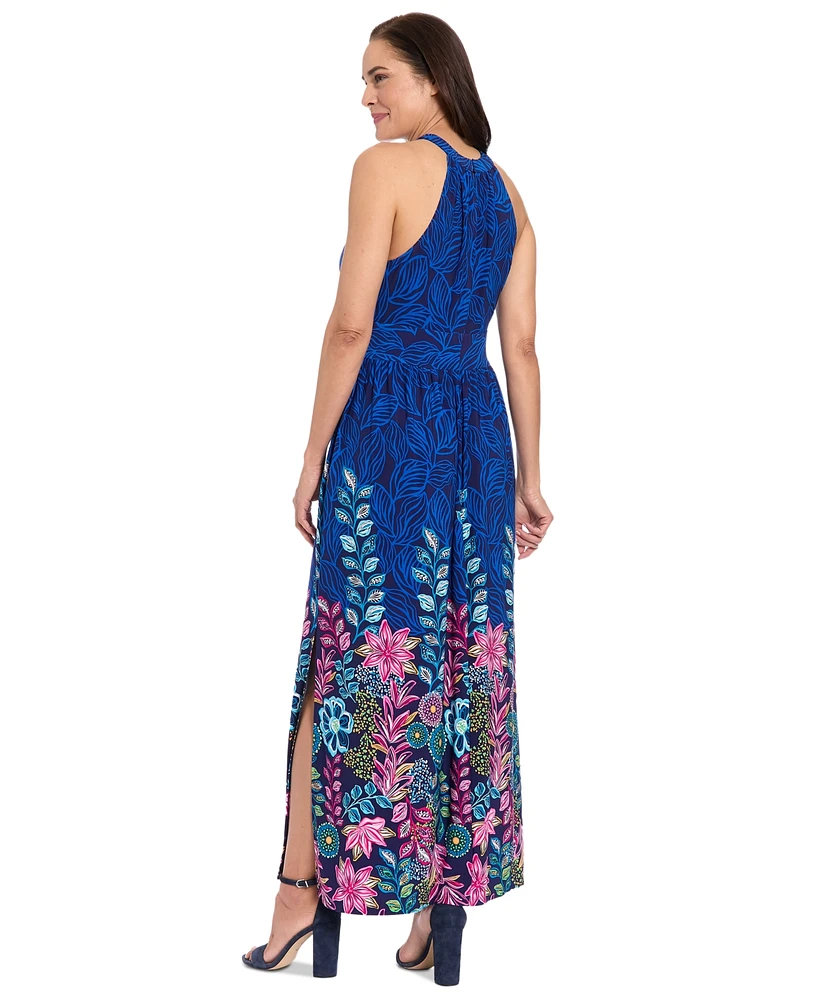 London Times Women's Shirred Halter Keyhole Maxi Dress