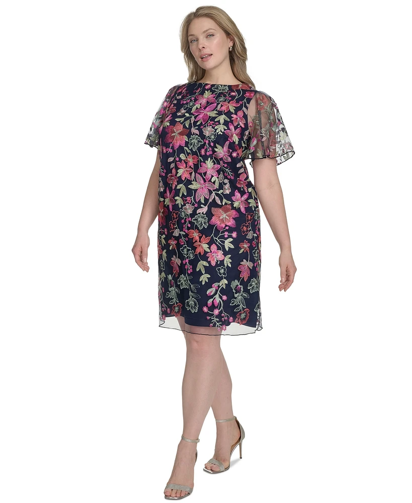 Jessica Howard Plus Floral Embroidered Flutter-Sleeve Dress