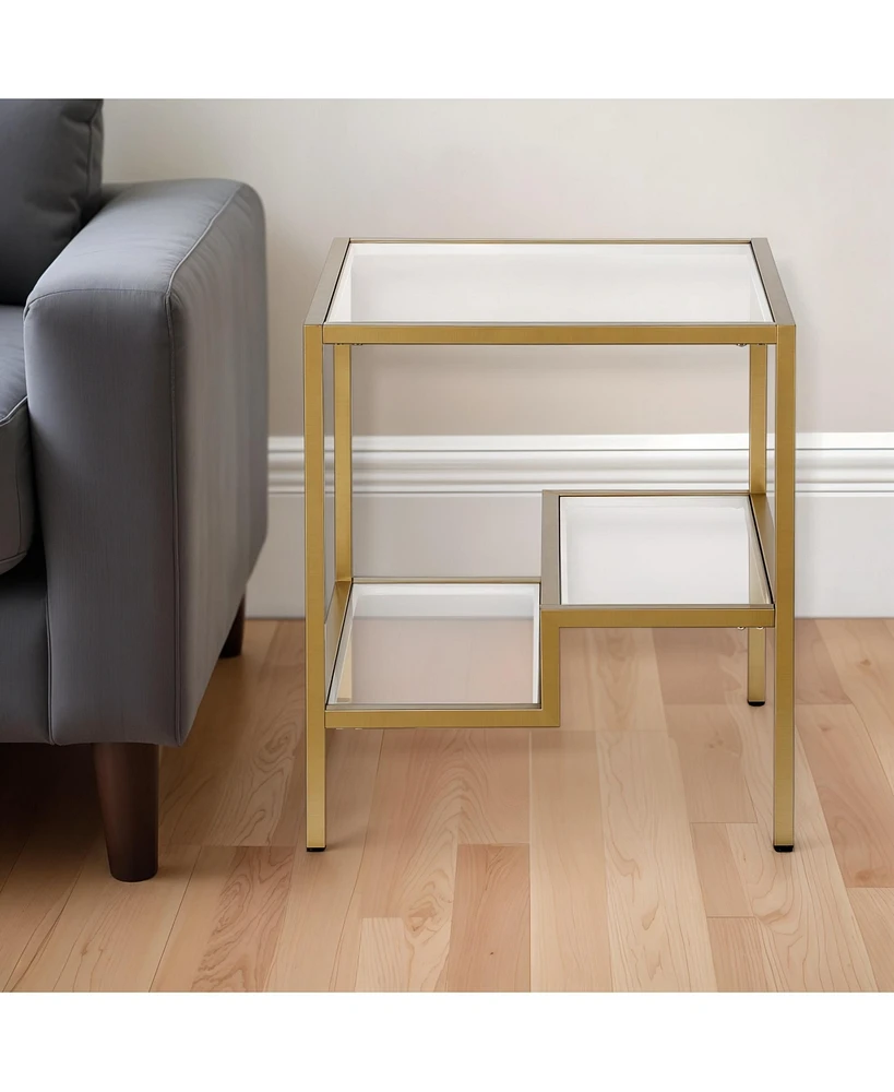 Modern 22" Square End Table – Brass Finish, Clear Glass, and Two Shelves