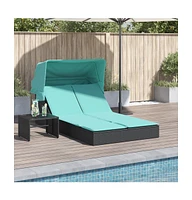 Double Sun Lounger with Canopy and Cushions Black Poly Rattan