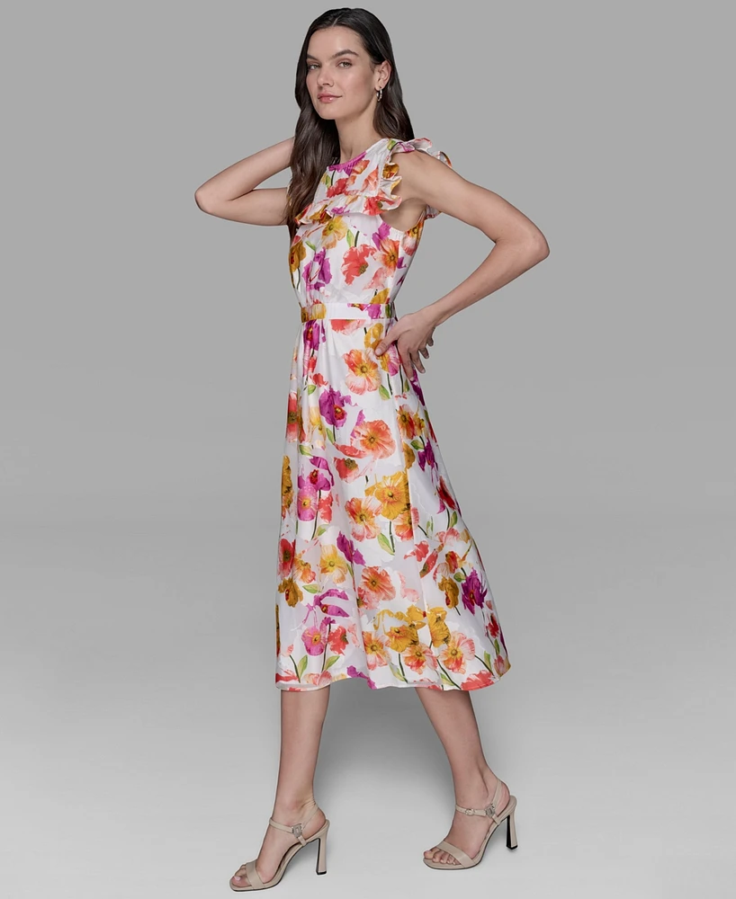 Karl Lagerfeld Paris Petite Floral-Print Flutter-Sleeve Midi Dress