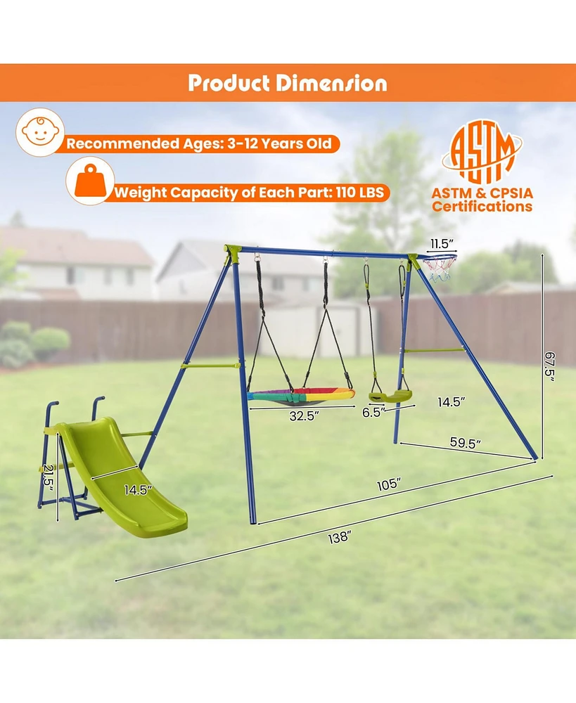 4-in-1 Heavy-Duty Metal Playset with Slide and Basketball Hoop