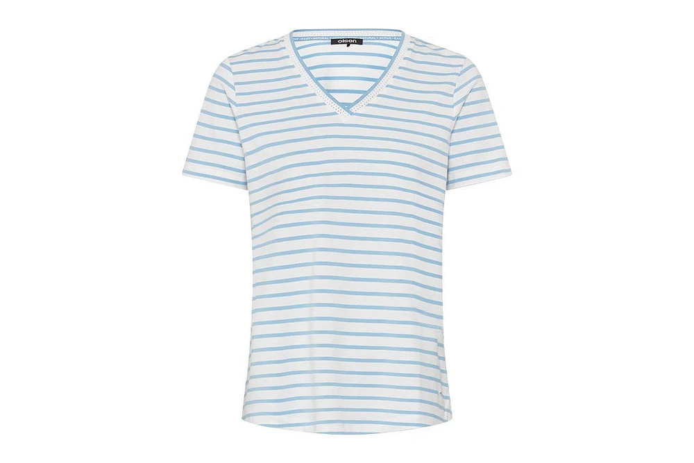 Olsen Women's Striped Embroidered Trim V-Neck Tee