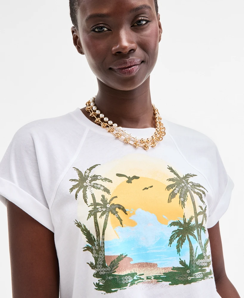 On 34th Women's Raglan Palm-Print Shine T-Shirt, Exclusively at Macy's