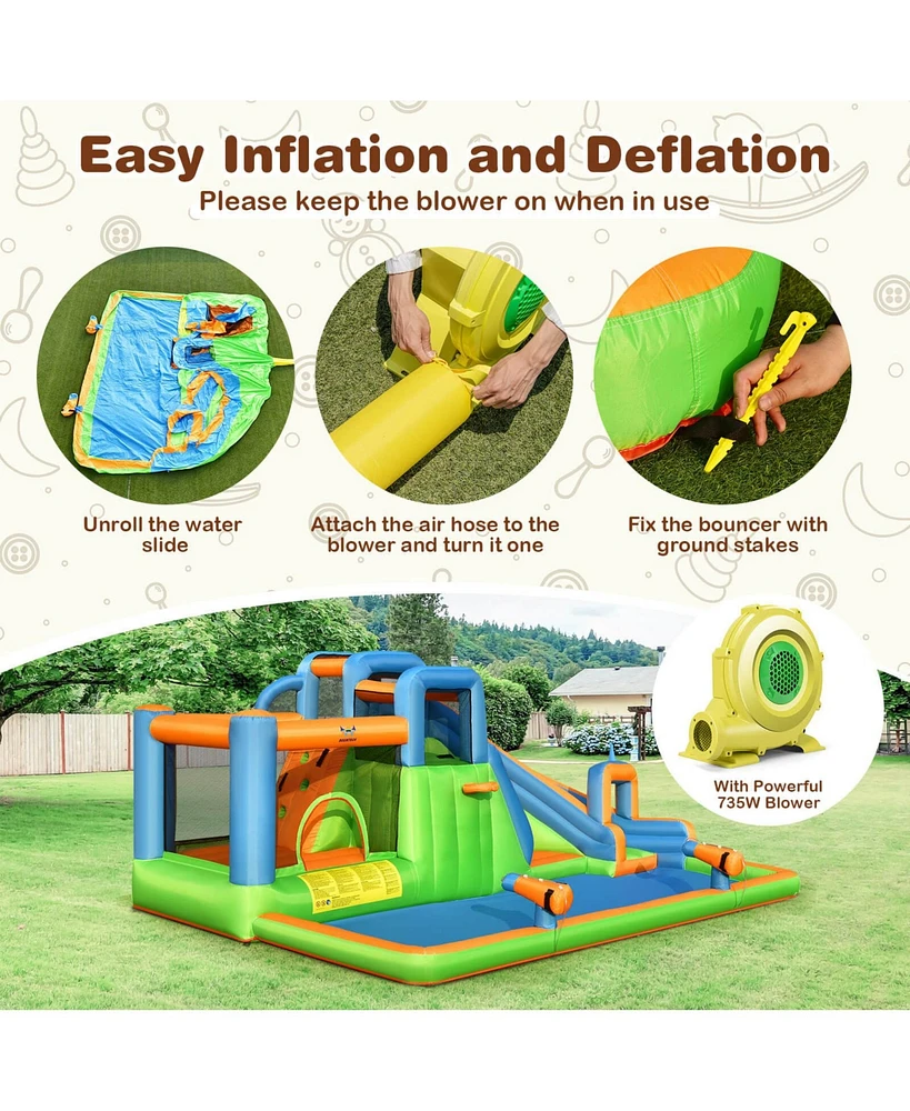 7-in-1 Inflatable Giant Water Park Bouncer with Dual Climbing Walls and 735W Blower