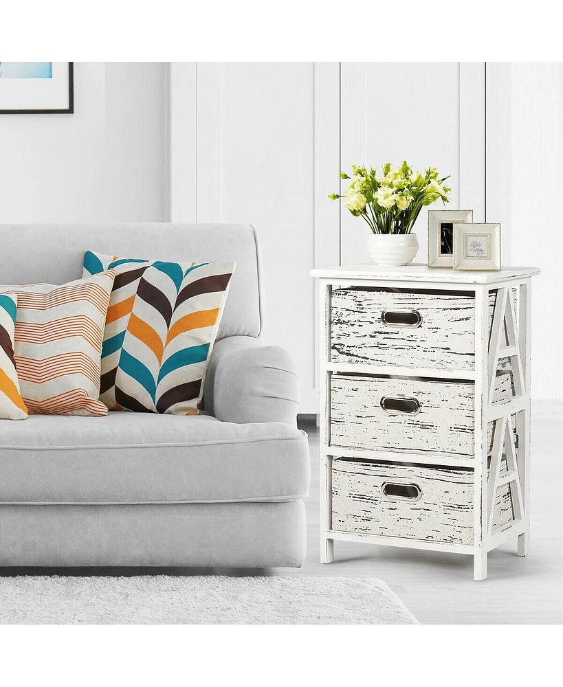 Gymax Chest w/3 Fabric Drawers Vintage Wood Frame End Table Side Sofa Table Nightstand