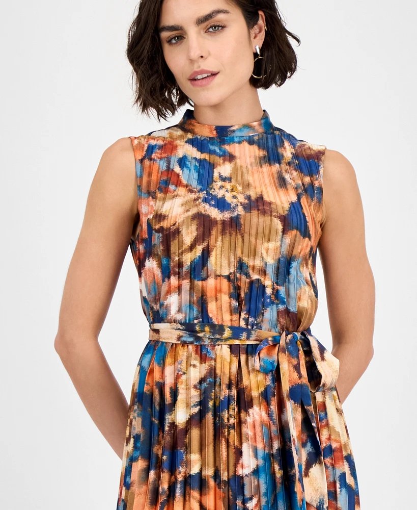Tahari Asl Women's Printed Pleated Sleeveless Midi Dress