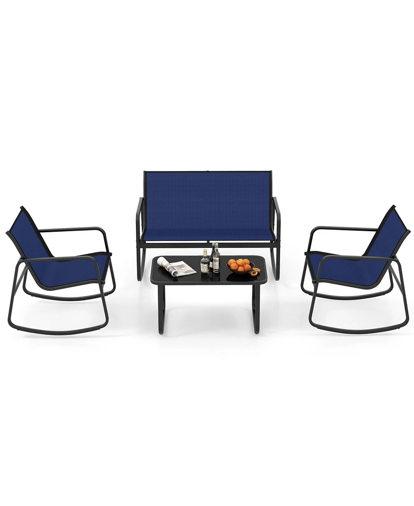 4 Piece Patio Rocking Set with Glass-Top Table-Navy