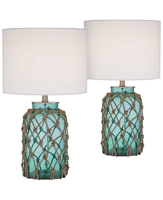 Crosby Cottage Accent Table Lamps 22.5" High Set of 2 Natural Coastal Blue Green Rope Net Off White Drum Shade Decor for Living Room Bedroom Hous