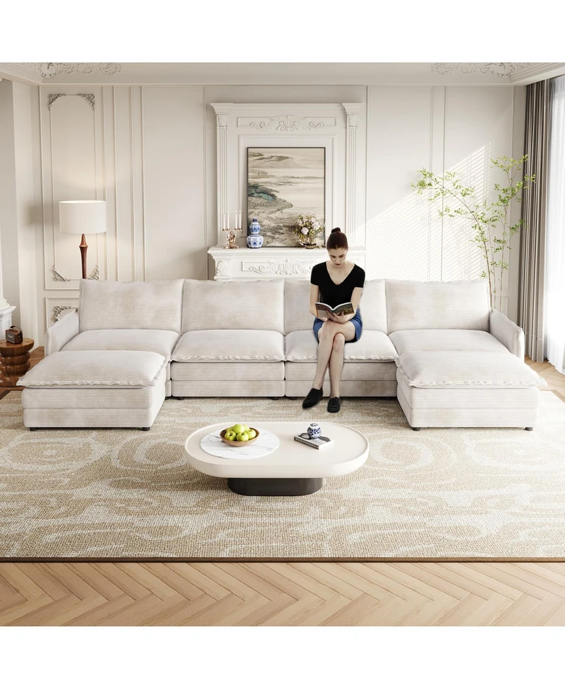 Corduroy 4-Seater Cloud Couch with Footrests & Cushions
