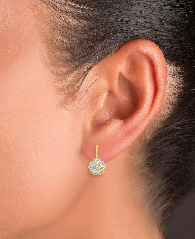 Cubic Zirconia Round & Baguette Flower Motif Leverback Drop Earrings