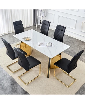 63" Snow Mountain Table & 6 Black Pu Chairs