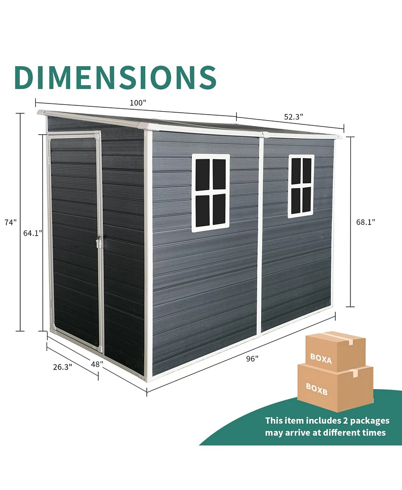 8x4ft Outdoor Resin Garden Shed with Floor and 2 Windows, Plastic Patio Outdoor Storage Shed with Lockable Door for Garden Tools, Bicycles, Trash Cans