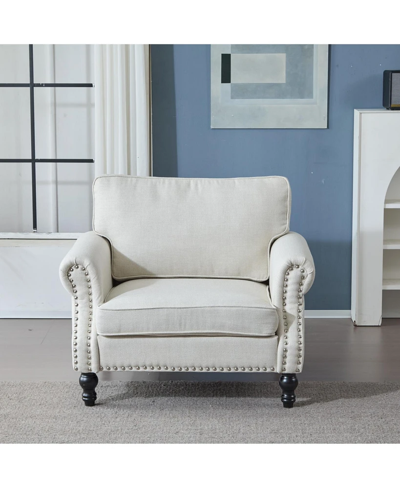 40" Nailhead Trim Sofa, Beige Faux Leather Rolled Arm, 1 Seater