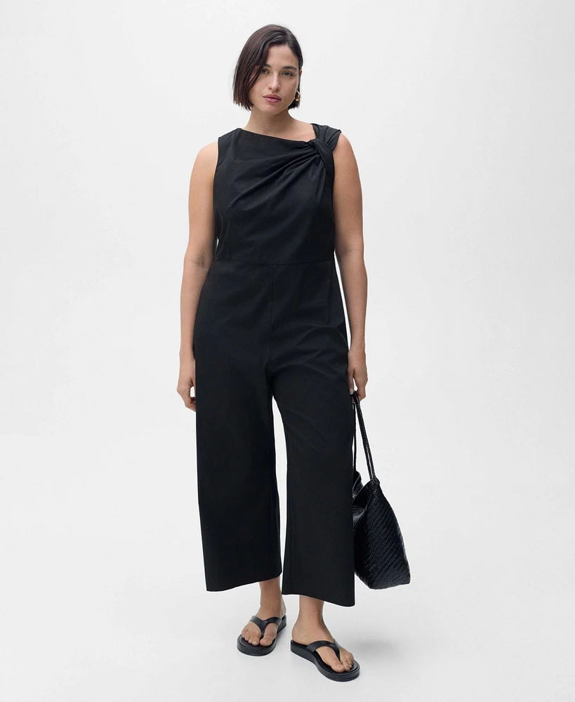 Mango Women's Draped Neck Long Culotte Jumpsuit