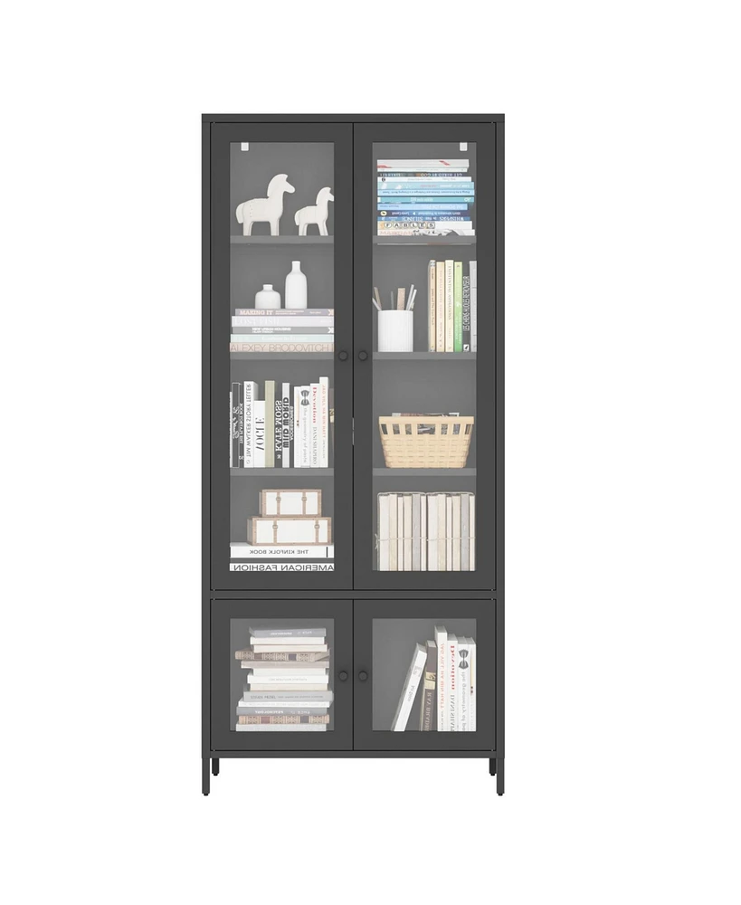 Large Metal Storage Cabinet Display Cabinet with 4 Glass Doors 5 Shelves Side Cabinet Bookcase Freestanding Cabinet for Bedroom Living Room Pantry Hom