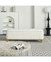 47.24''W Storage Ottoman,Upholstered Velvet Fabric Storage Ottoman with Safety Hinge, gold decoration strip and gold embroidery Footstool