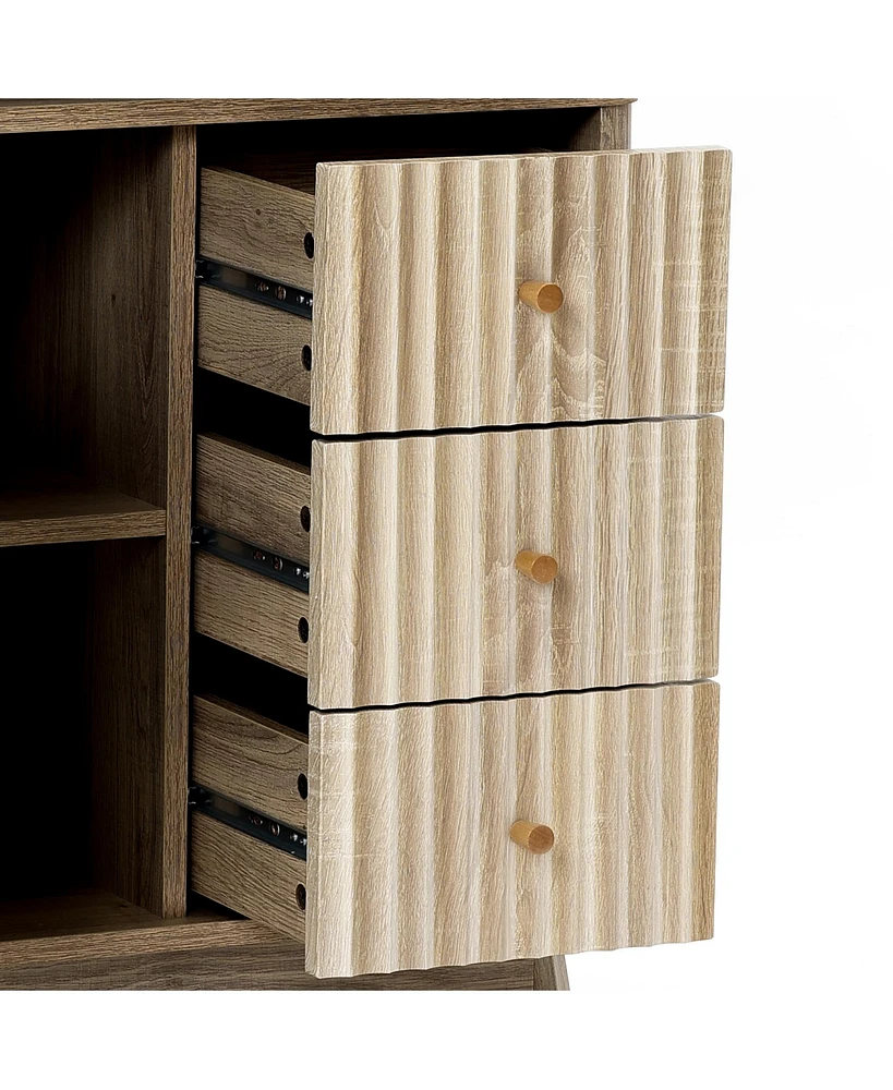 LuxenHome Natural Finish Wave-Patterned Manufactured Wood 3-Drawer 1-Door Bathroom Cabinet